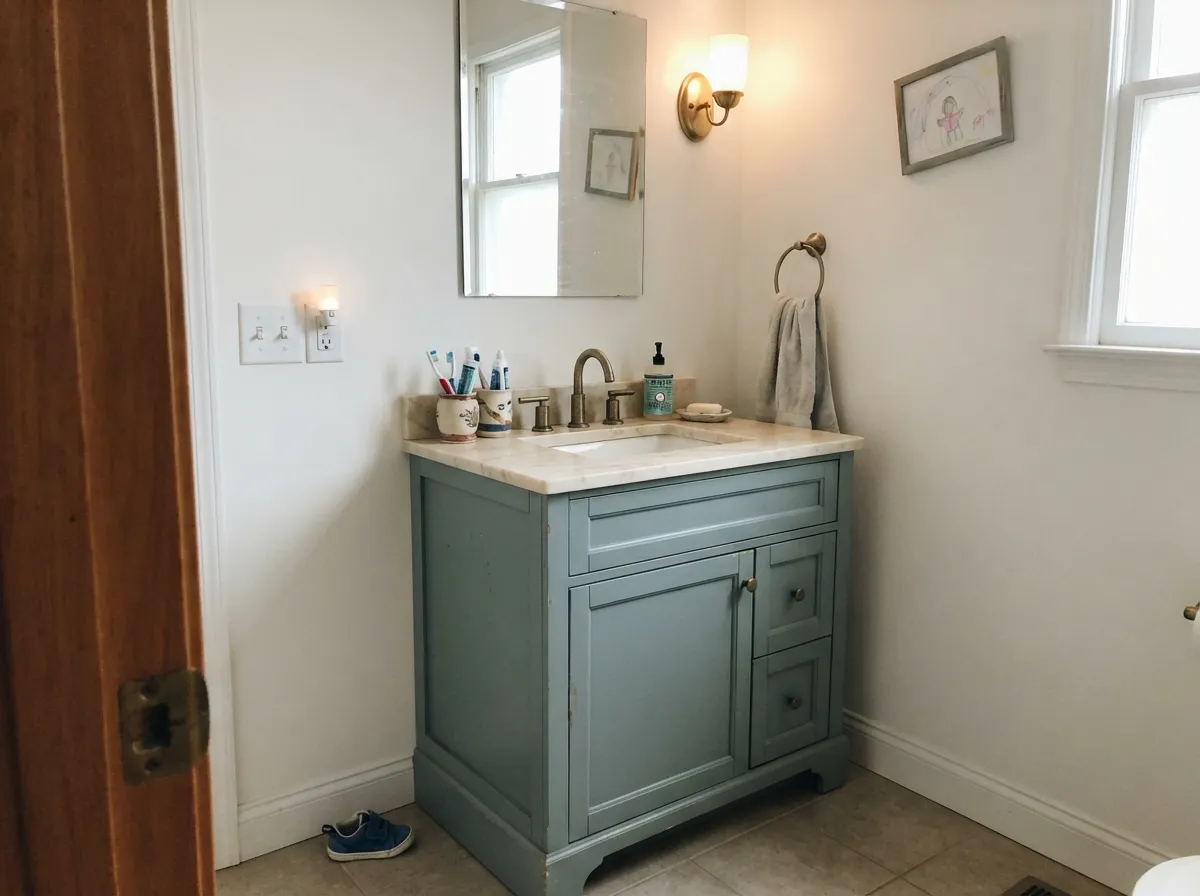 The designer-scale move: one Juniper vanity under warm stone and brass, small enough to be a weekend project.