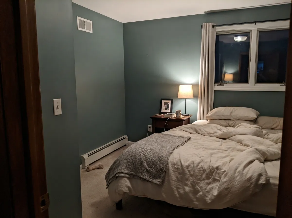 Under a warm lamp at night the color turns composed and a little moody — its best room besides the kitchen.