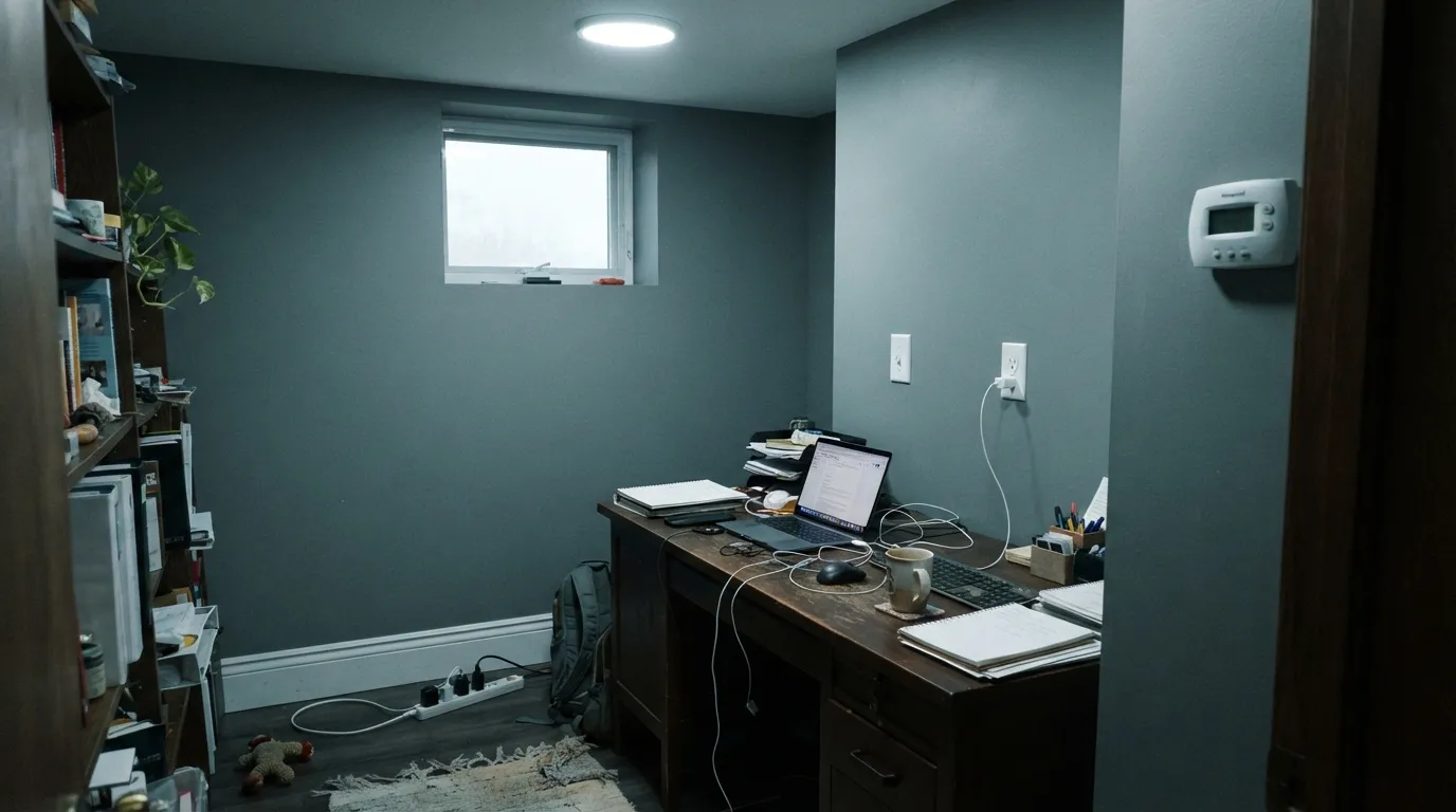 The honest shot: cool north light and a cool-white bulb strip out the green almost entirely — this is the light where Juniper disappears into plain gray.