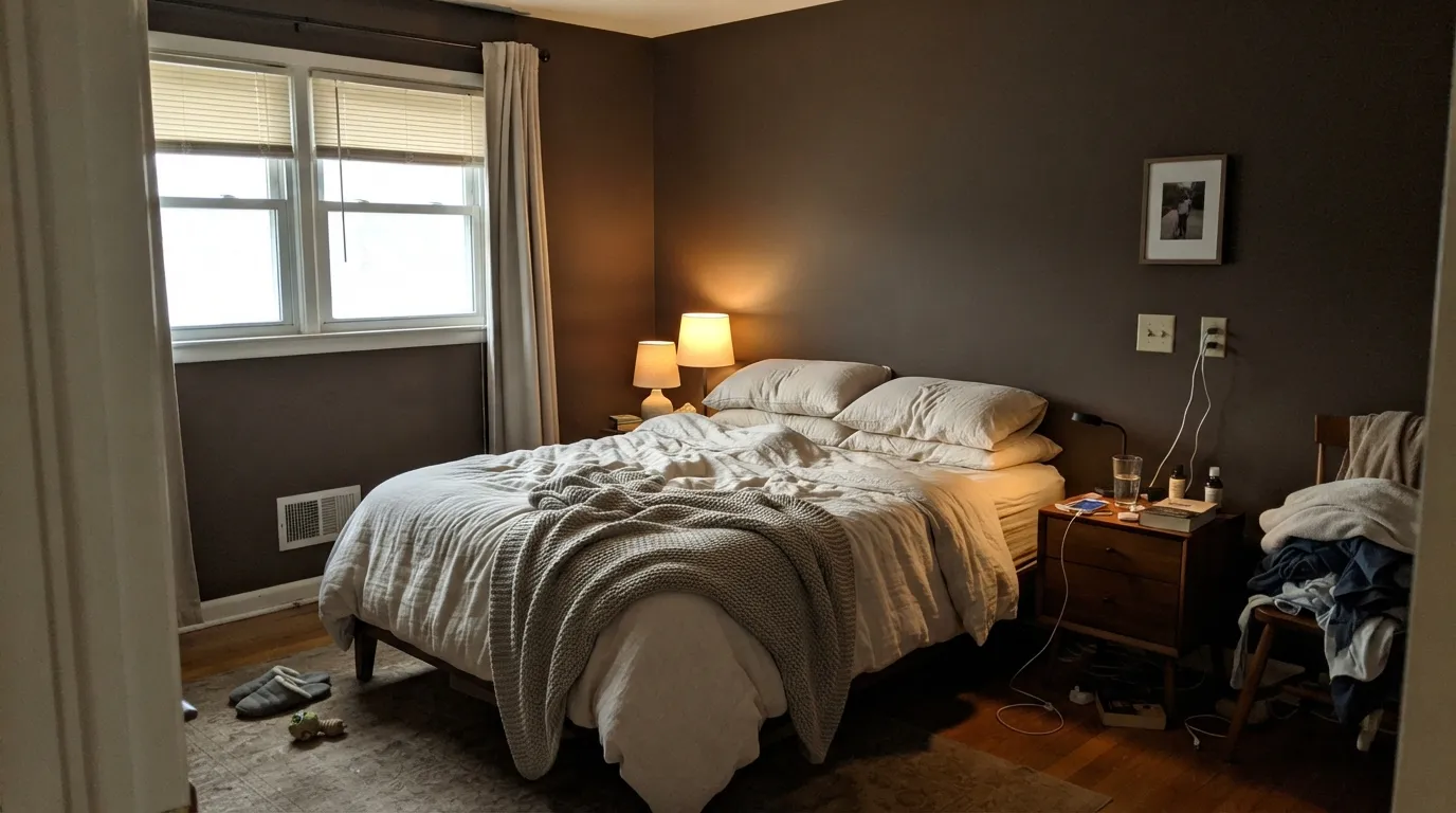 Kaffee drenching a bedroom with the lamps on — this is the light the color was built for, warm and velvety rather than dark.