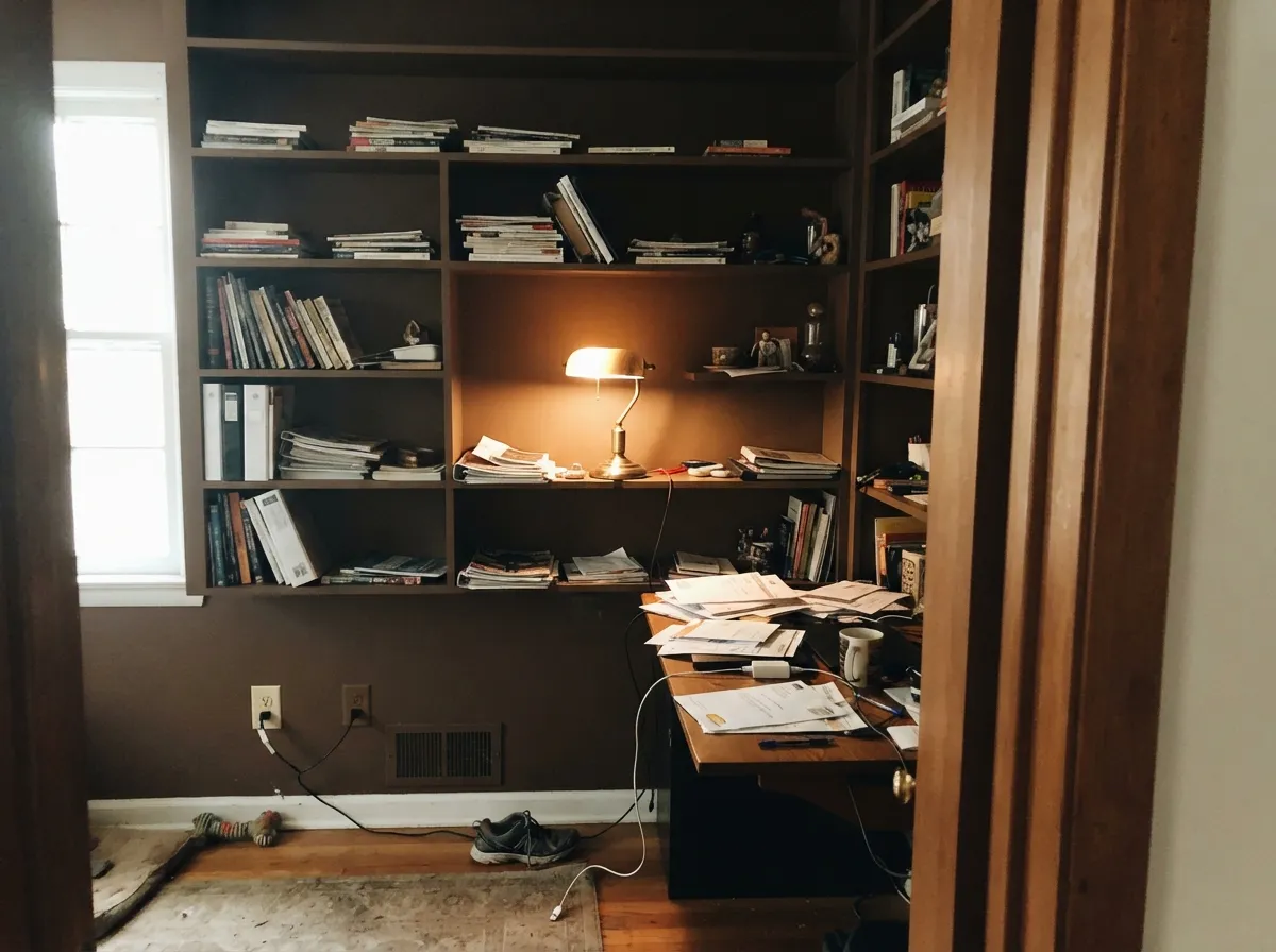 Painted the same color as the wall behind them, plain builder shelves read like custom joinery — the cheapest way to use Kaffee.