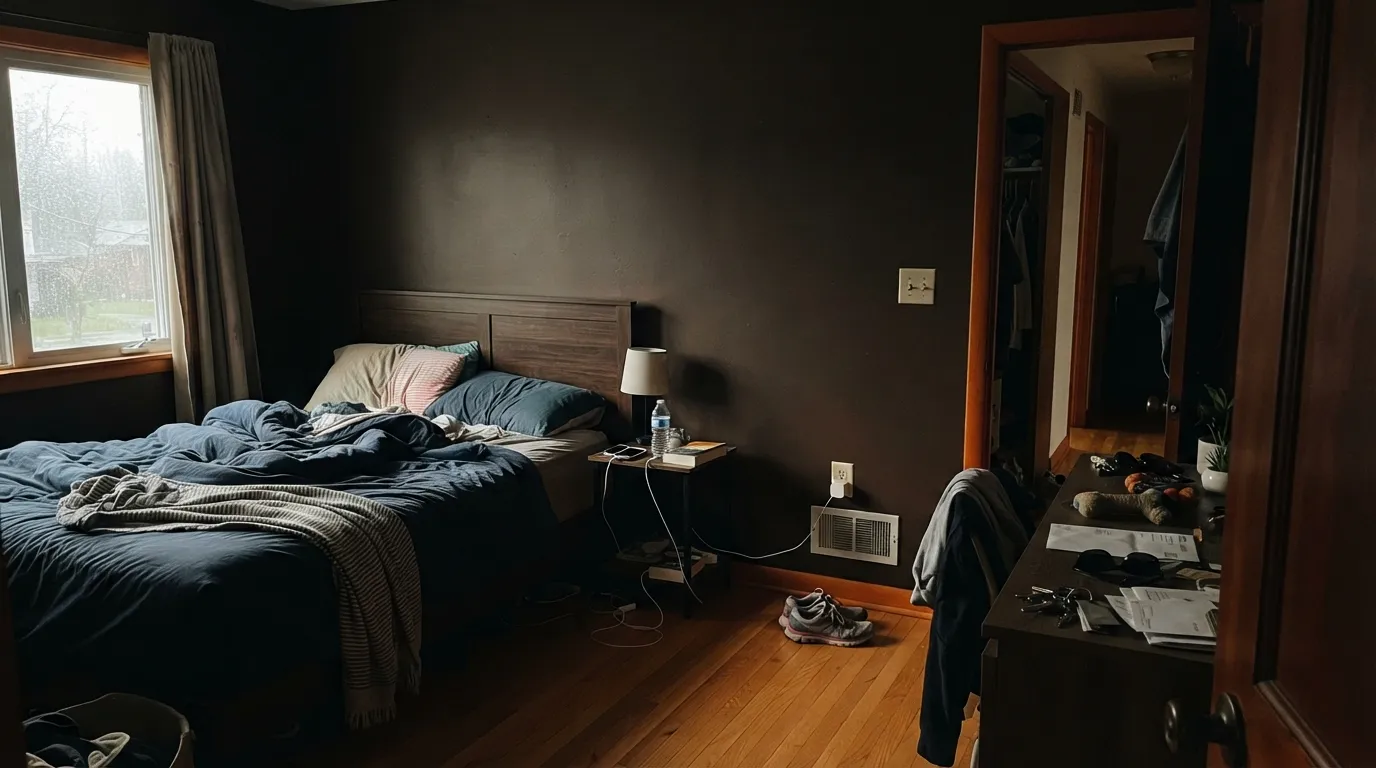 The honest shot: with no lamps and weak north light, Kaffee stops looking like coffee and goes flat brown-black — and honey oak floors turn orange beside it.