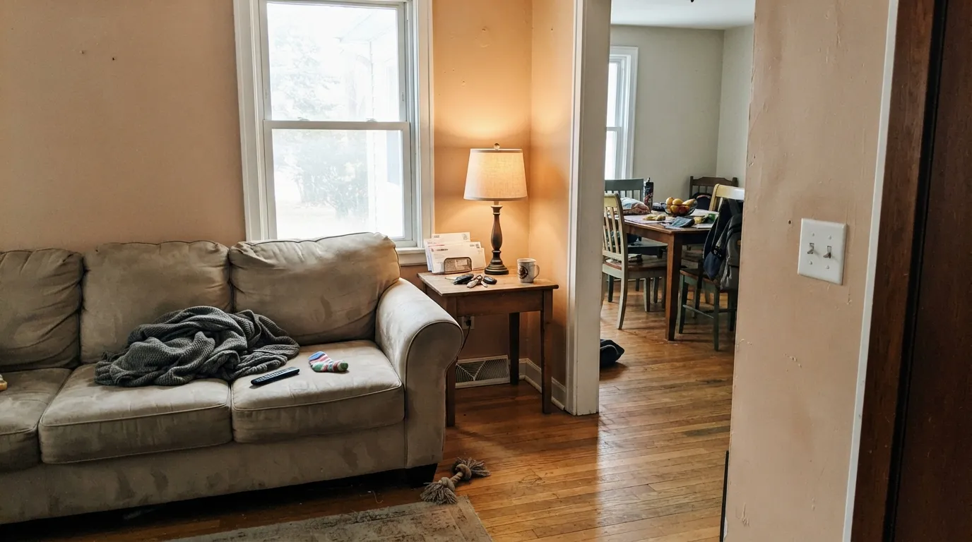 Kilim Beige across a family room with honey oak floors — the warmth meets the wood halfway instead of fighting it, with Alabaster trim keeping the edges clean.