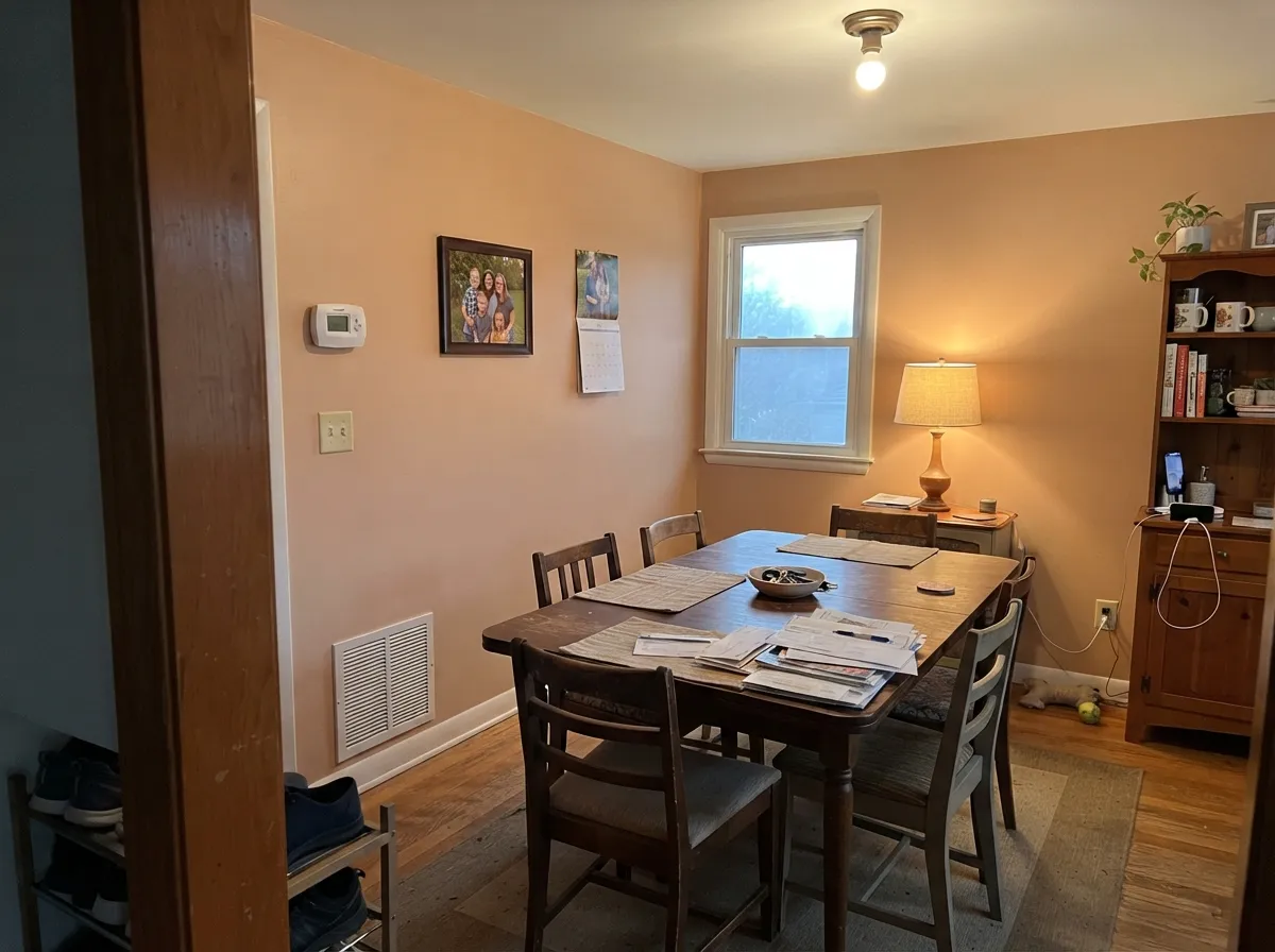 After dark under warm bulbs the beige deepens and goes rich — this is why it flatters a dining room better than a cool greige.