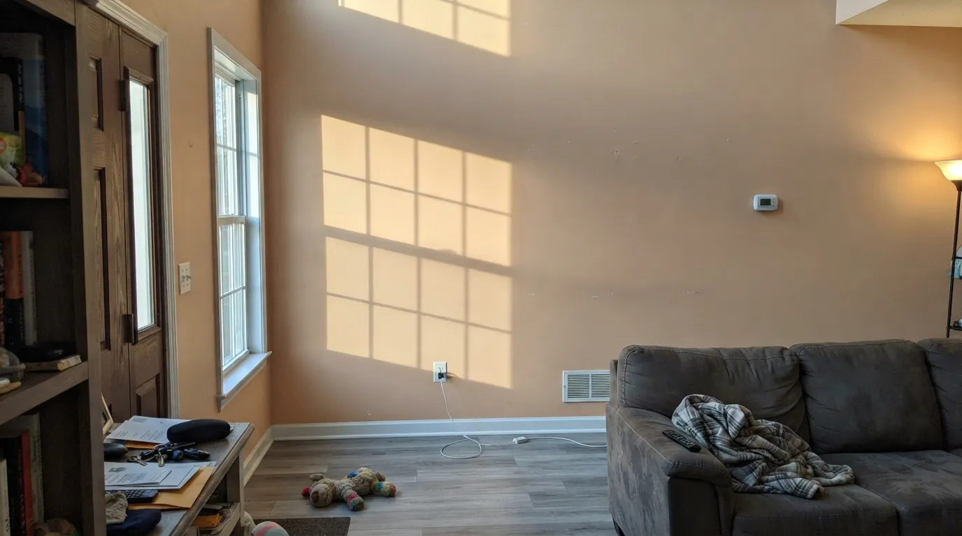 The honest shot: hard west sun, gray floors and a cool builder white — the wall goes peach and reads warmer and pinker than every photo that sold the color.
