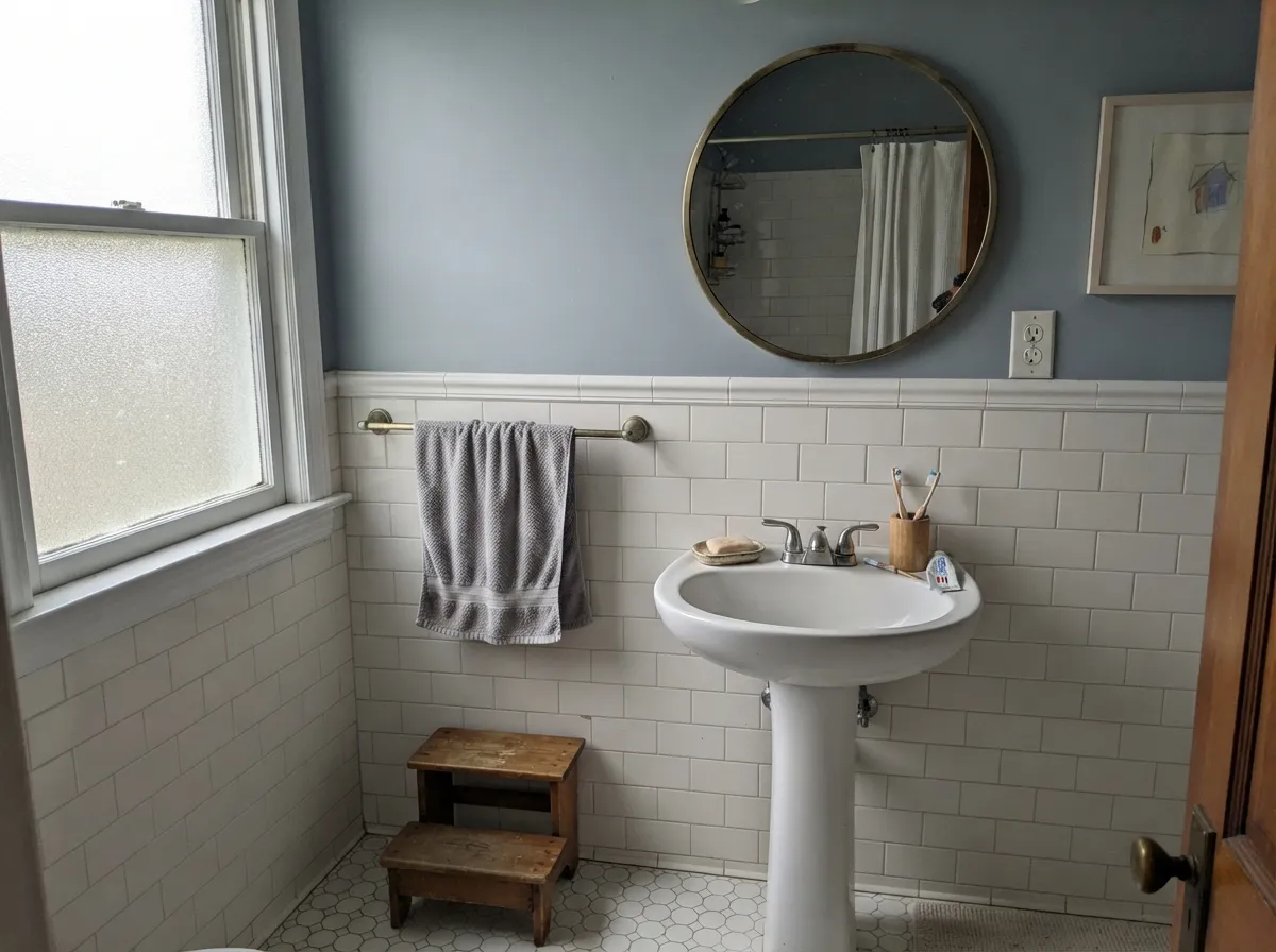 Against white tile and brass it reads faintly aquatic — one of Krypton's best rooms.