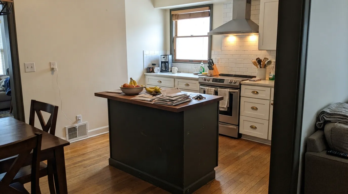 Laurel Woods on the island against white perimeter cabinets — real daylight is what lets the olive-green come through instead of reading as plain black.