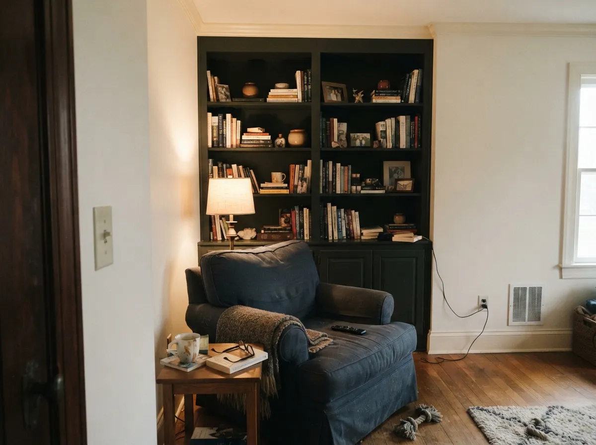 Under warm lamplight in the evening the built-ins hold their olive-green instead of going flat — the reason it works so well as doses, not whole rooms.