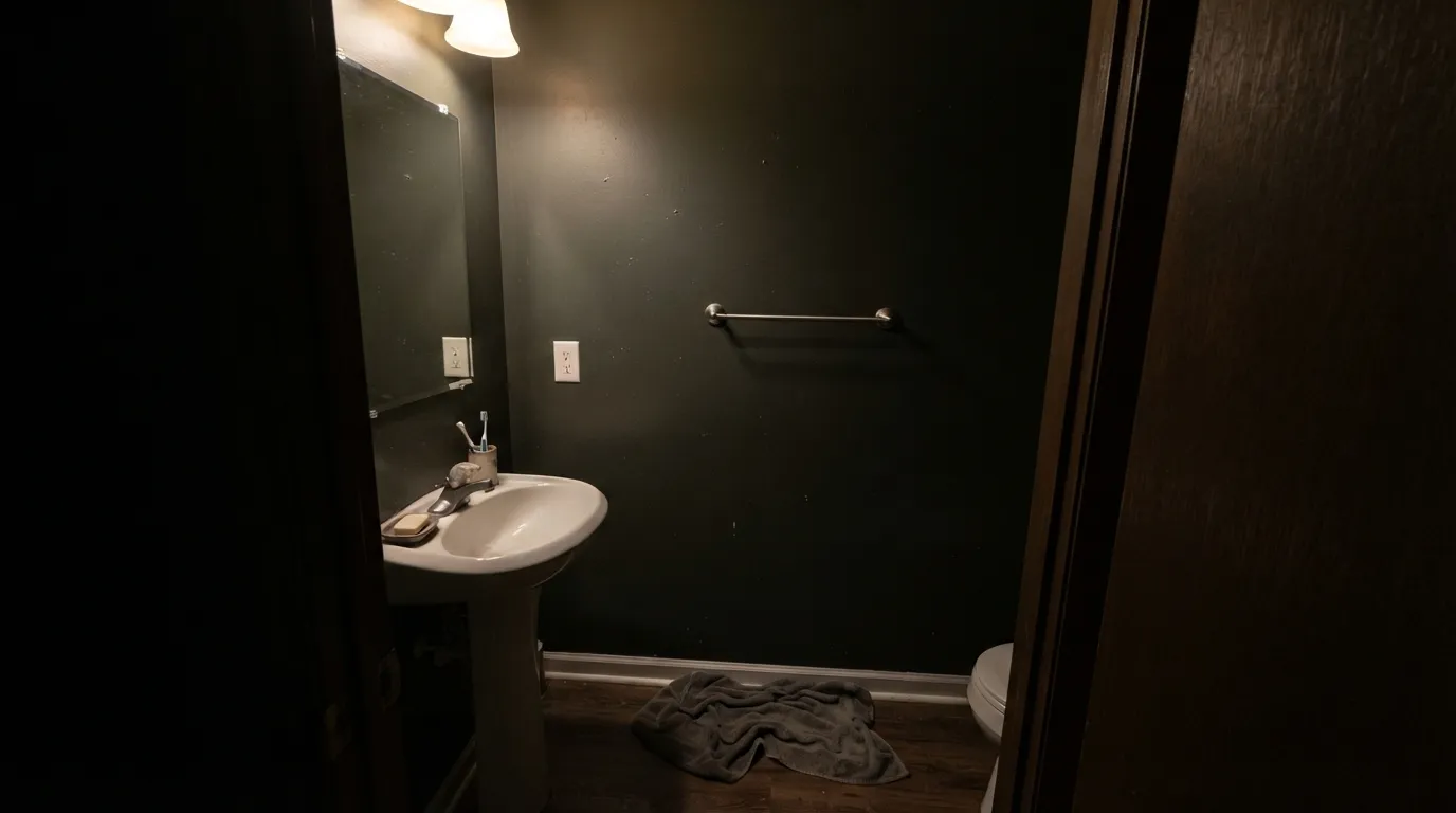 The honest shot: with no daylight and no warm lamp, Laurel Woods just reads black — the green needs real light to show up, and this room doesn't give it any.