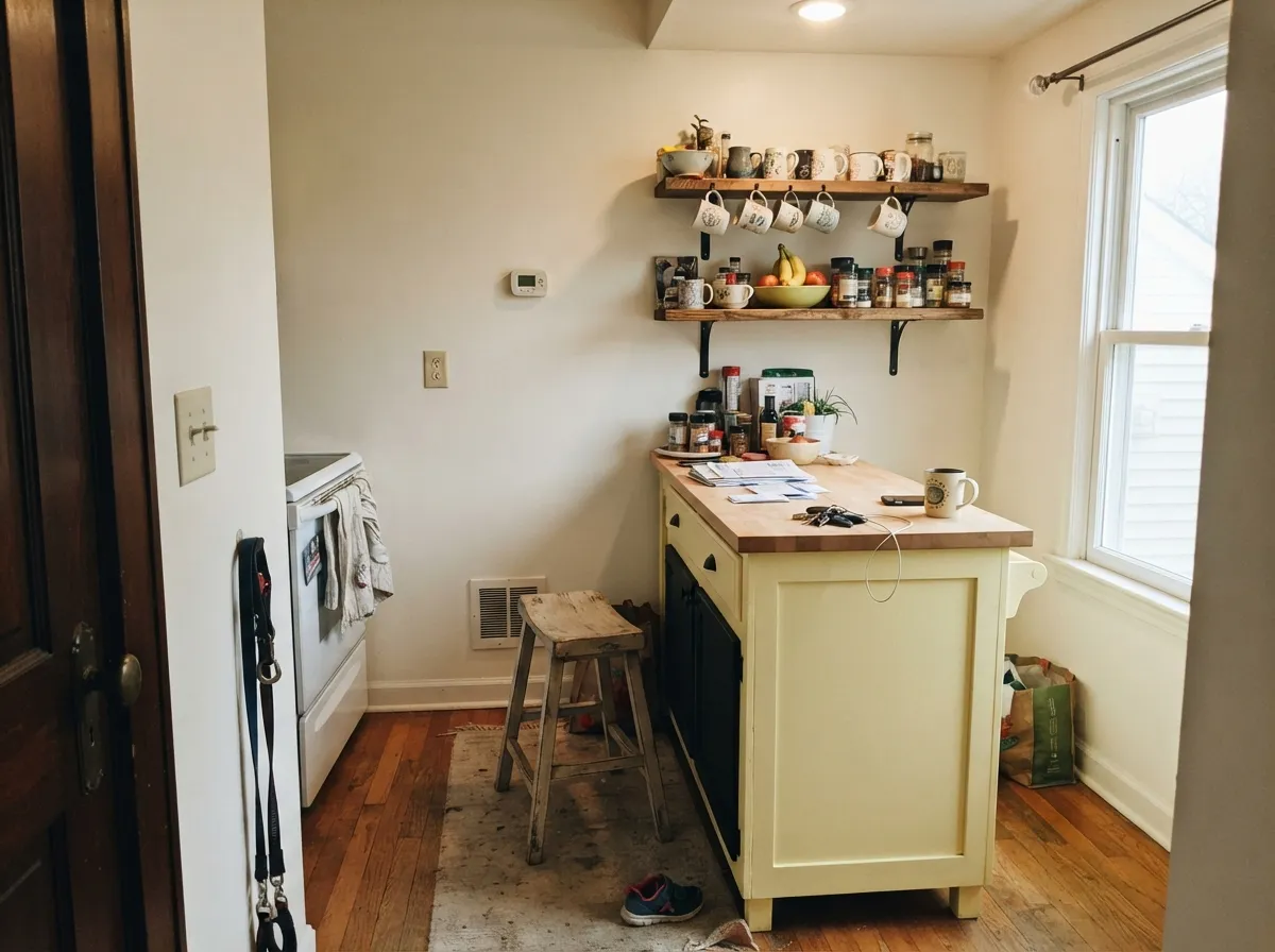 As an island accent under warm open shelving and black hardware, the yellow reads deliberate and current — not a whole room, just one confident surface.