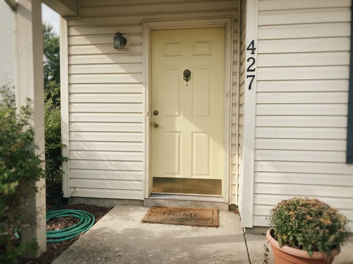 The front-door pop of color Sherwin-Williams itself suggests — cream siding and black house numbers give the pale yellow the contrast it needs to read confident, not washed-out.