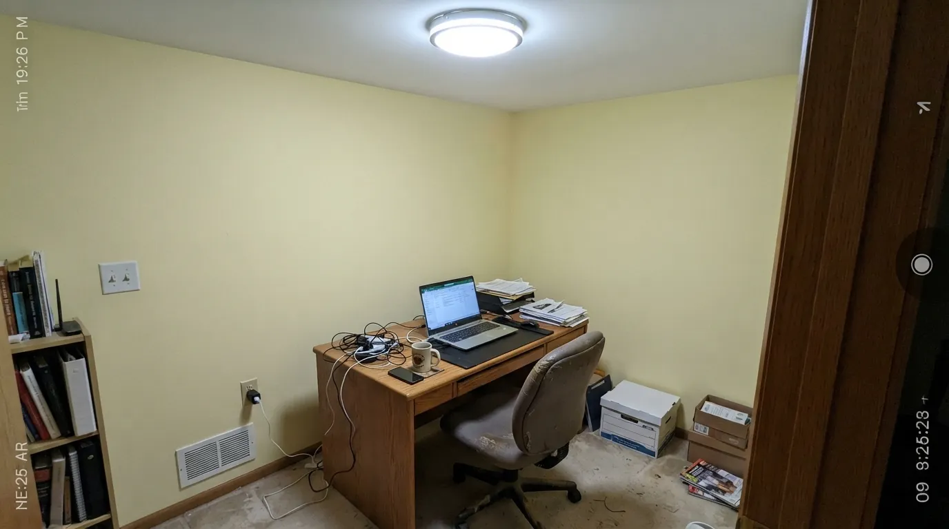 The honest shot: under a cool-white LED with no daylight at all, the golden warmth drains out and Lemon Chiffon reads flat and slightly sickly — the exact situation to test before committing to a windowless room.