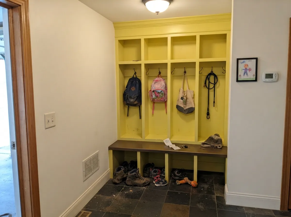 Utility rooms are where this color is easiest to love — lemon lockers over a bronze bench turn a windowless mudroom into the brightest few square feet in the house.