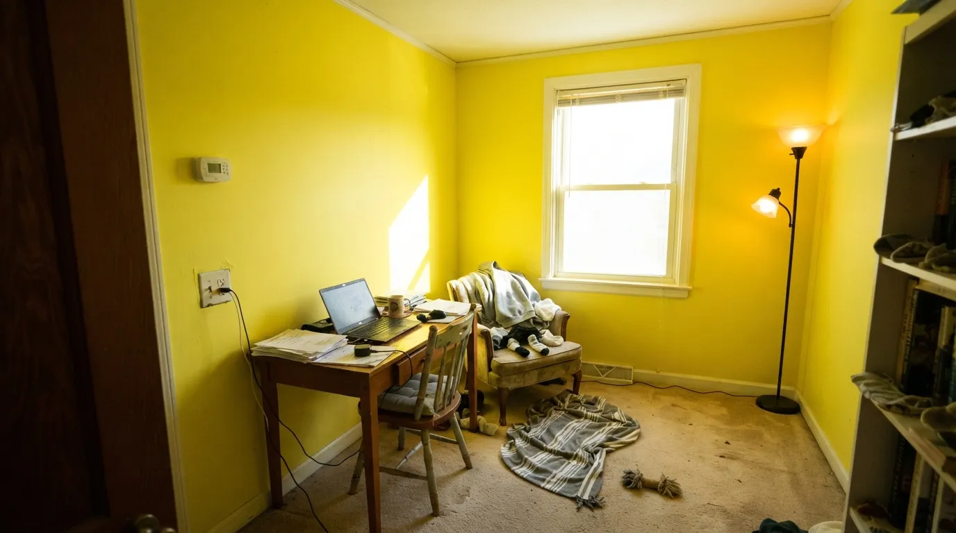 The honest shot: four walls of Lemon Twist in a small sun-hit room. The color bounces onto the ceiling and trim, the white stops looking white, and the cheerful yellow becomes a highlighter — this is the failure people describe.