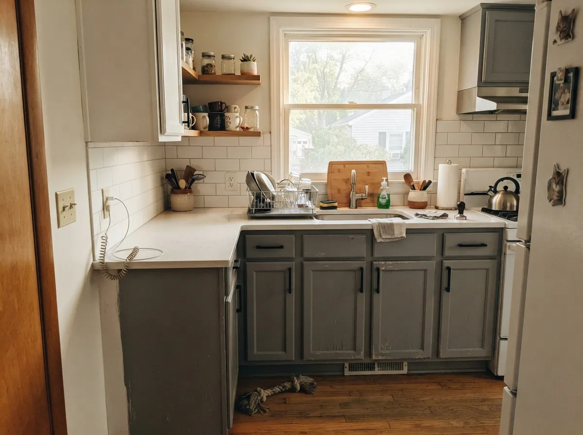 Gray bases under white uppers with warm bulbs overhead - the setup that keeps painted doors reading gray instead of blue.