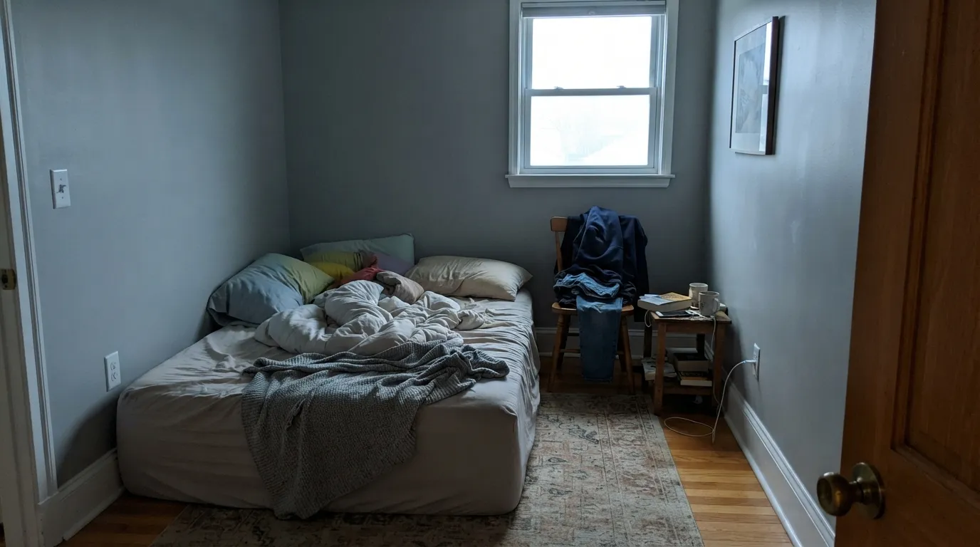 The honest shot: dim north light plus honey oak, and the gray turns baby blue-lavender - the exact room people repaint.