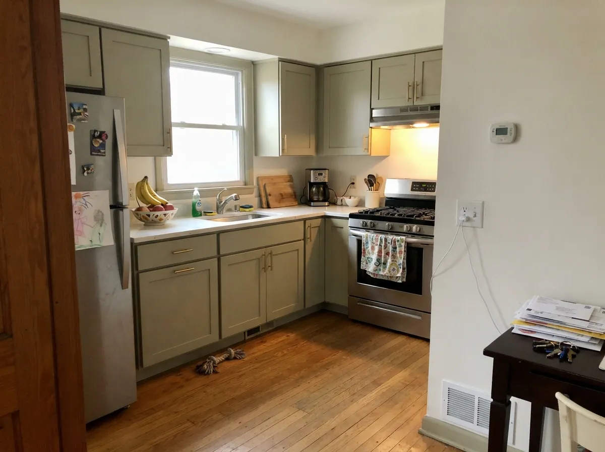 Its best job: cabinets against warm oak and brass, reading considered instead of trendy.
