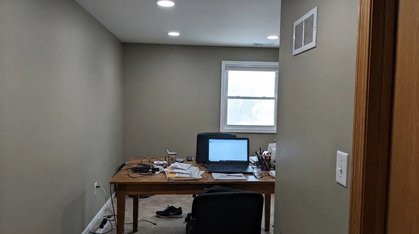 The honest shot: cool north light plus cool LEDs, and the green disappears entirely — the exact situation behind the "it looked gray, not green" complaints.