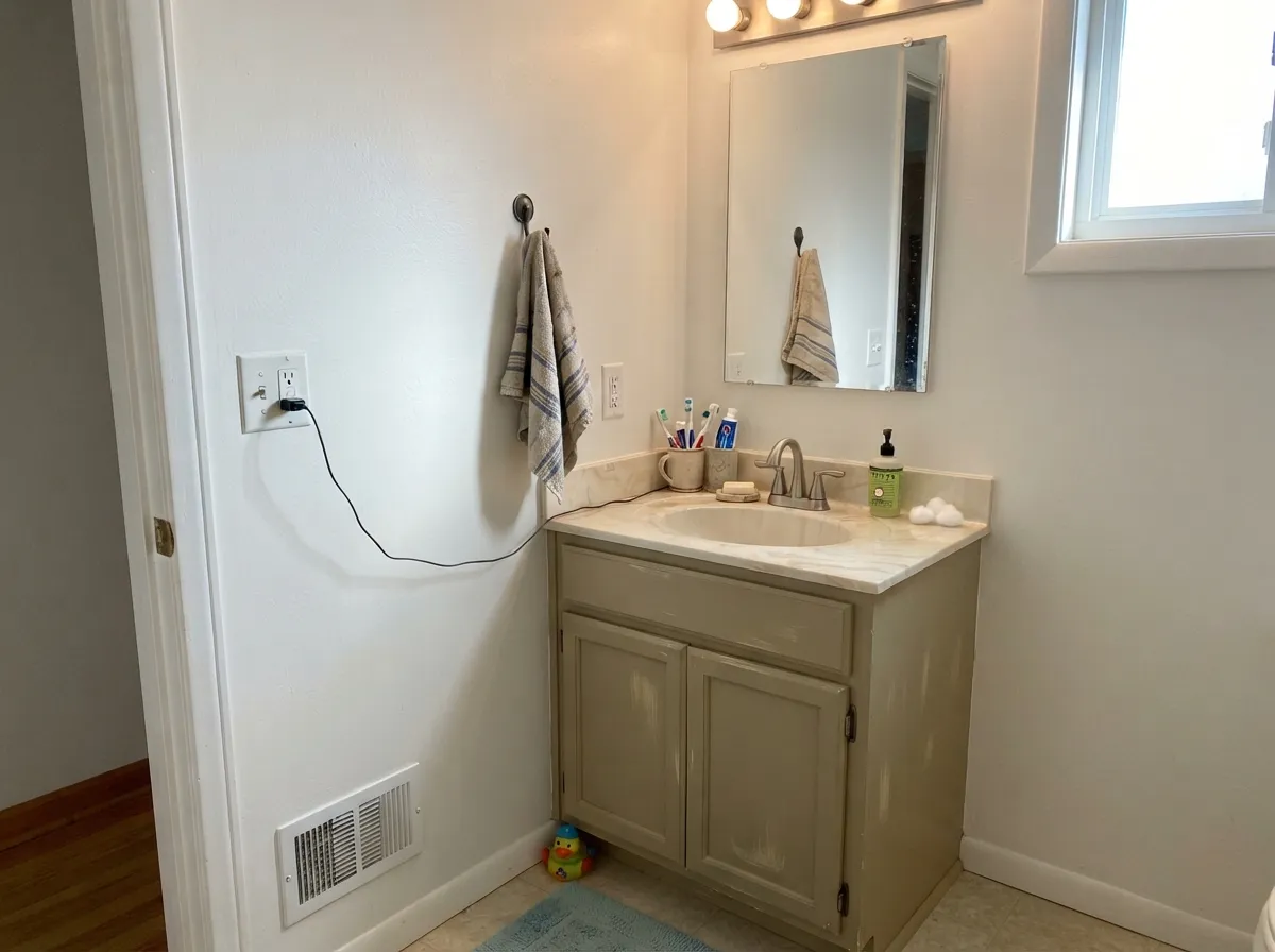 With warm-veined stone and brass fixtures the vanity looks custom, not builder-grade.