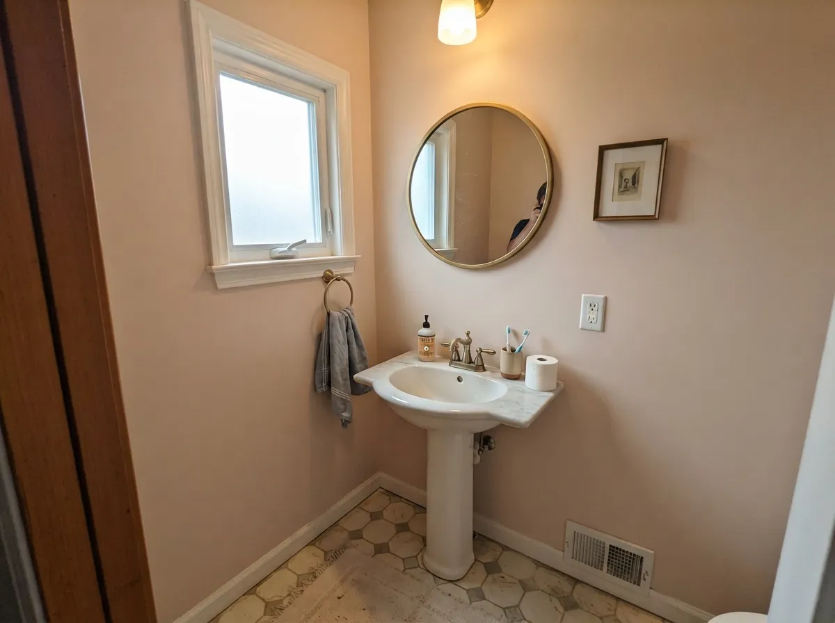 The small-commitment move: a full powder room in Malted Milk with brass fixtures reads custom-designed without betting the whole house on pink.