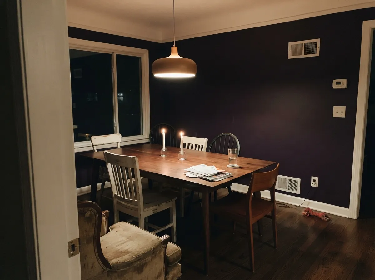 After dark the red in the plum comes up under warm light and the walls read velvet aubergine — the light this color was actually built for.