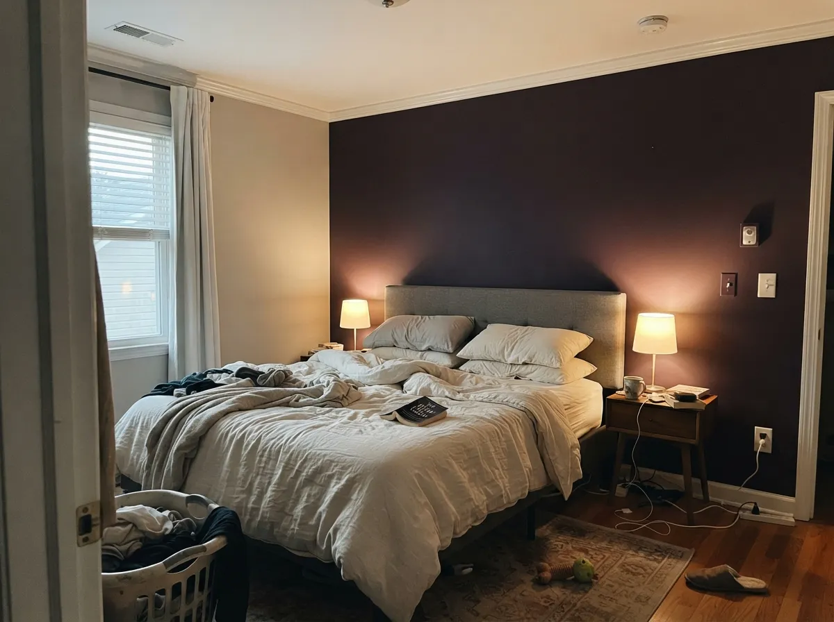 The low-risk version: plum on the headboard wall only, greige everywhere else — the accent reads like the same family getting louder, not a random dark rectangle.