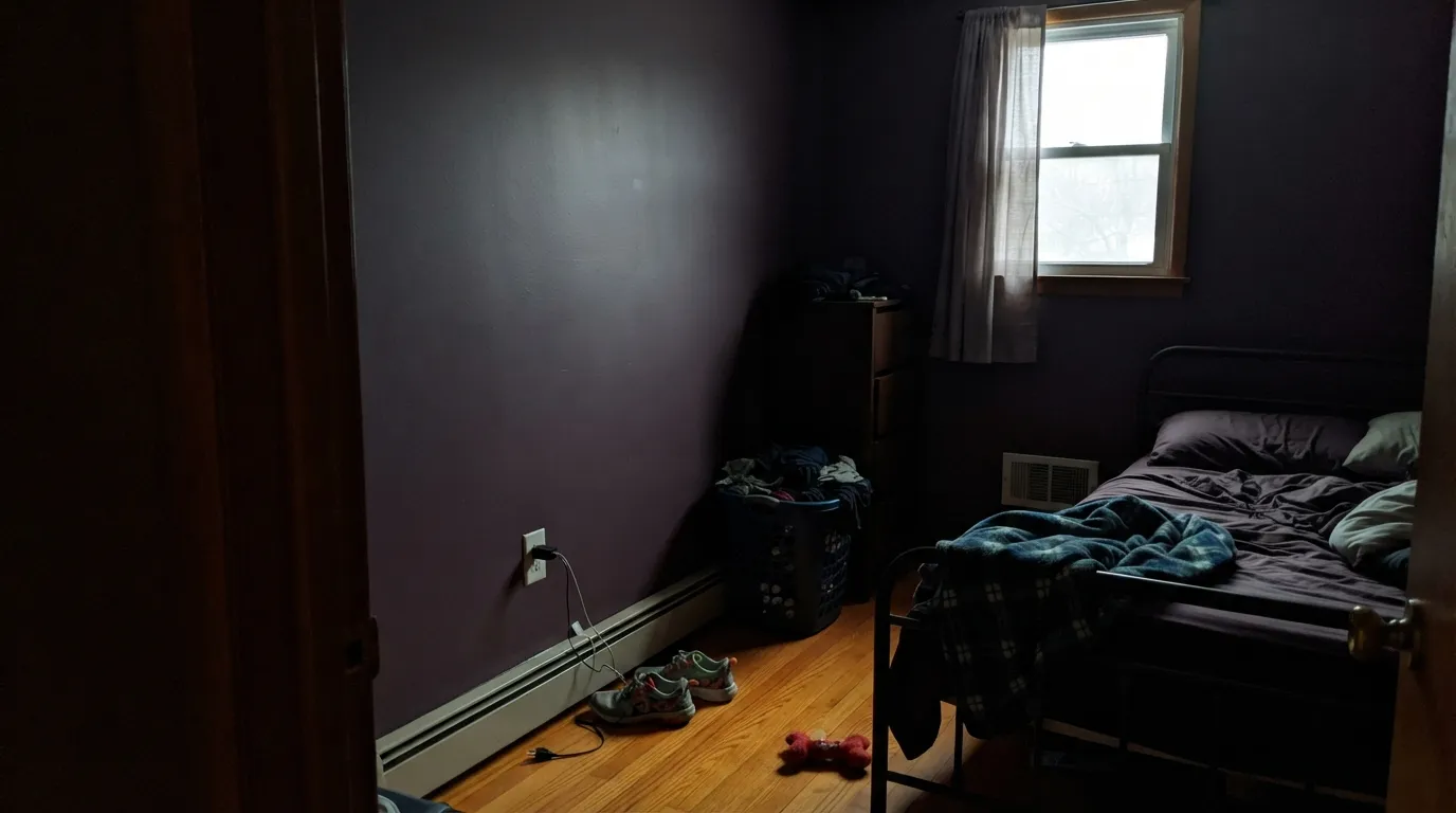The honest shot: no lamps, cool north light, honey oak floor — the plum drains to brown-black, the floor goes orange, and this is exactly the room the regret posts describe.