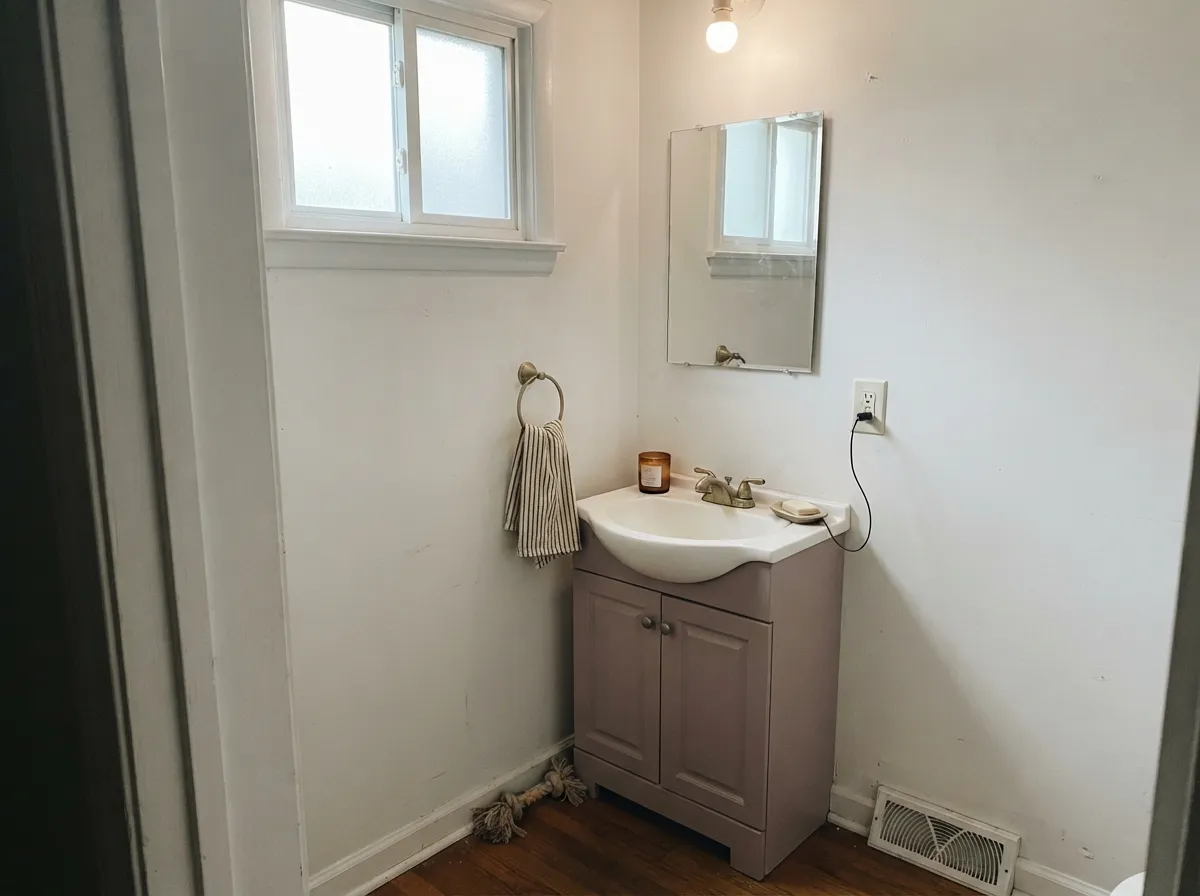 The designer move: a Mauve Finery vanity under white walls, brass hardware doing the rest of the work.