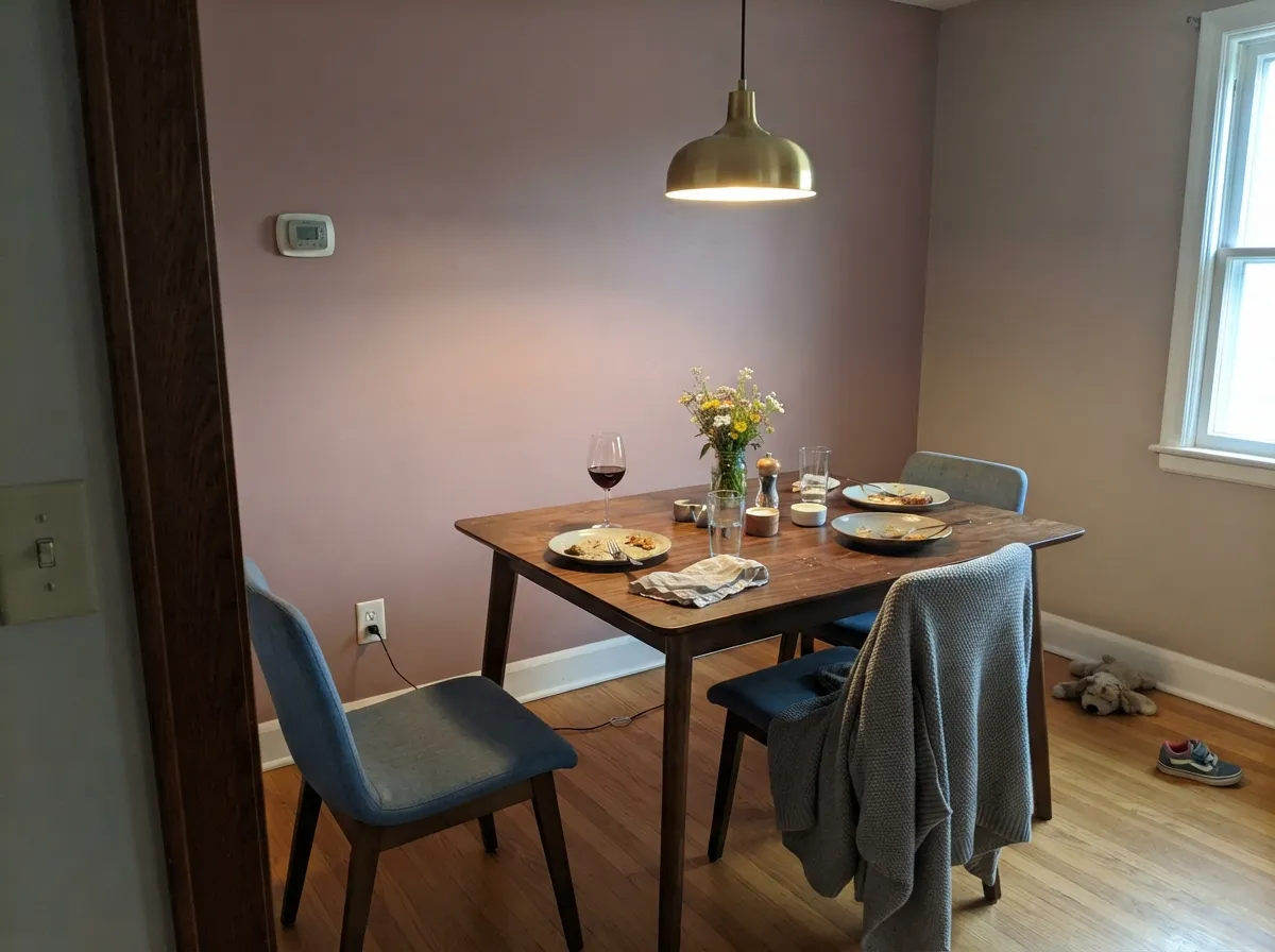 With walnut and brass at dinnertime the mauve reads smoky and grown-up — its best company.
