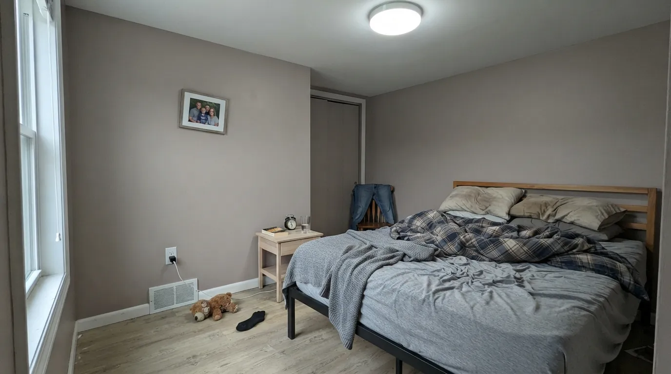 The honest shot: cool north light and a cool-white bulb drain the color out entirely — the exact situation behind "it just looks gray" complaints.