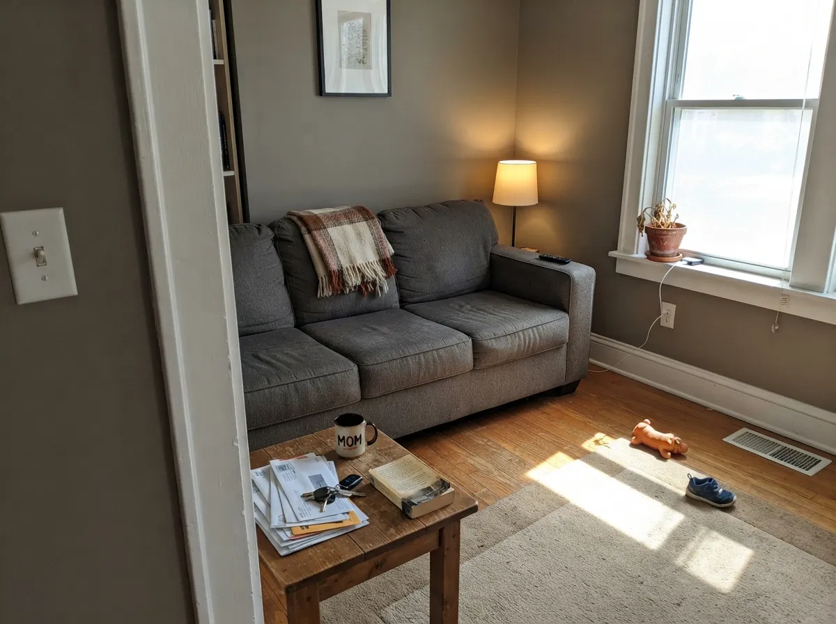 In a south-facing living room with real daylight, the greige stays warm and grounded — this is the light it needs indoors.