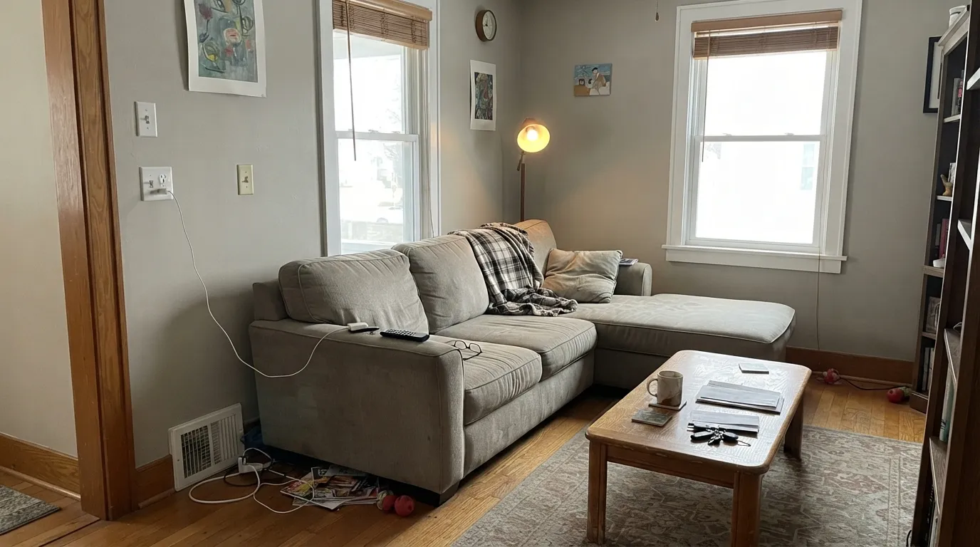 In a room with two windows and real midday sun, Mindful Gray reads exactly as advertised — warm, grounded, and clean against Pure White trim.