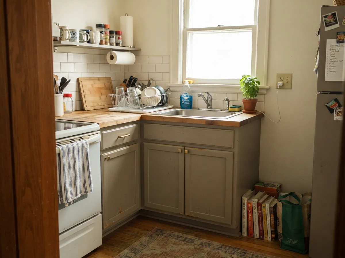 On lower cabinets the depth pays off — it looks intentional in daylight and hides the handprints a pale greige would put on display.