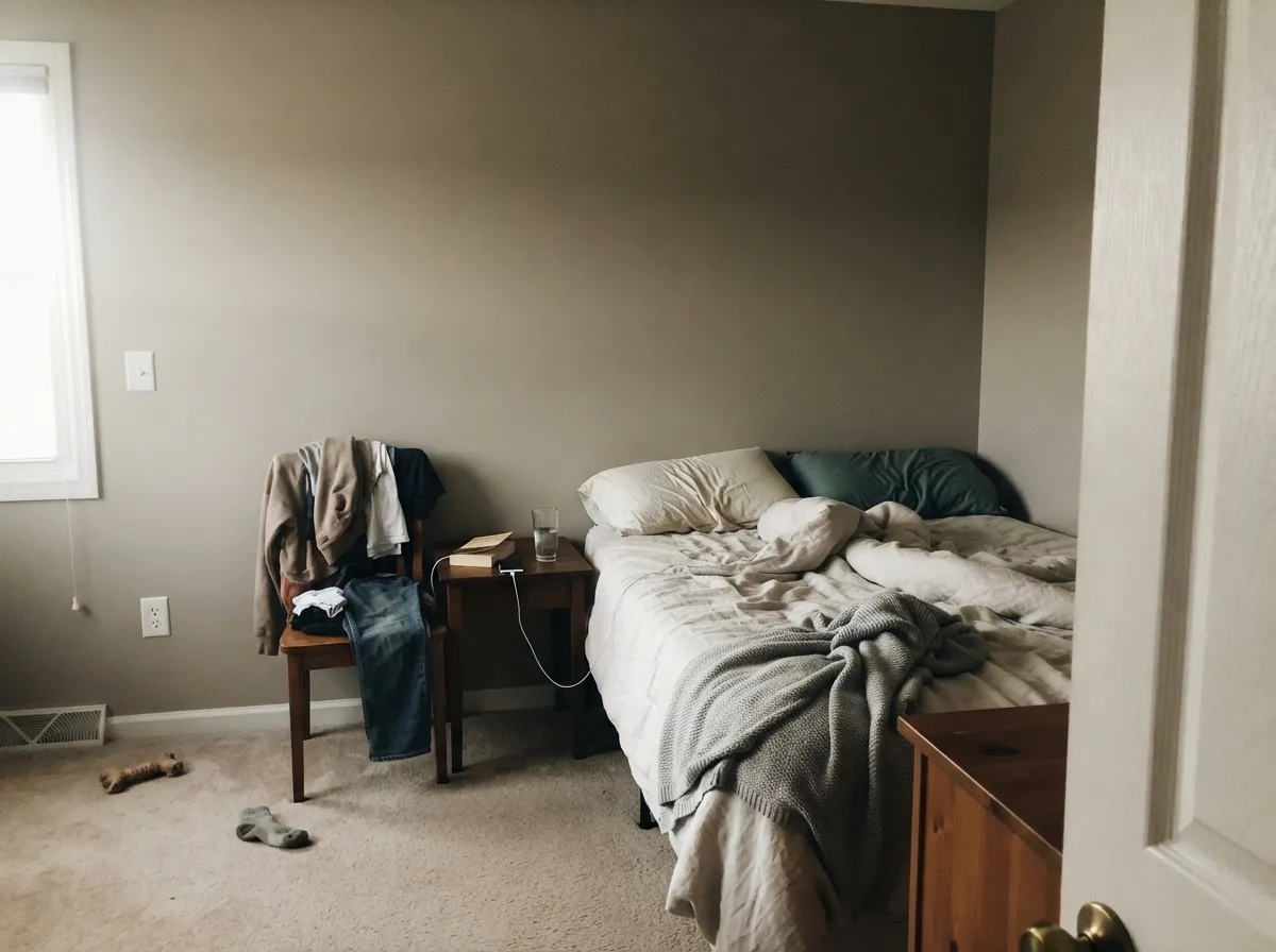 Morning east light keeps it soft and warm — this is the hour of the day Mindful Gray looks its best in a bedroom.