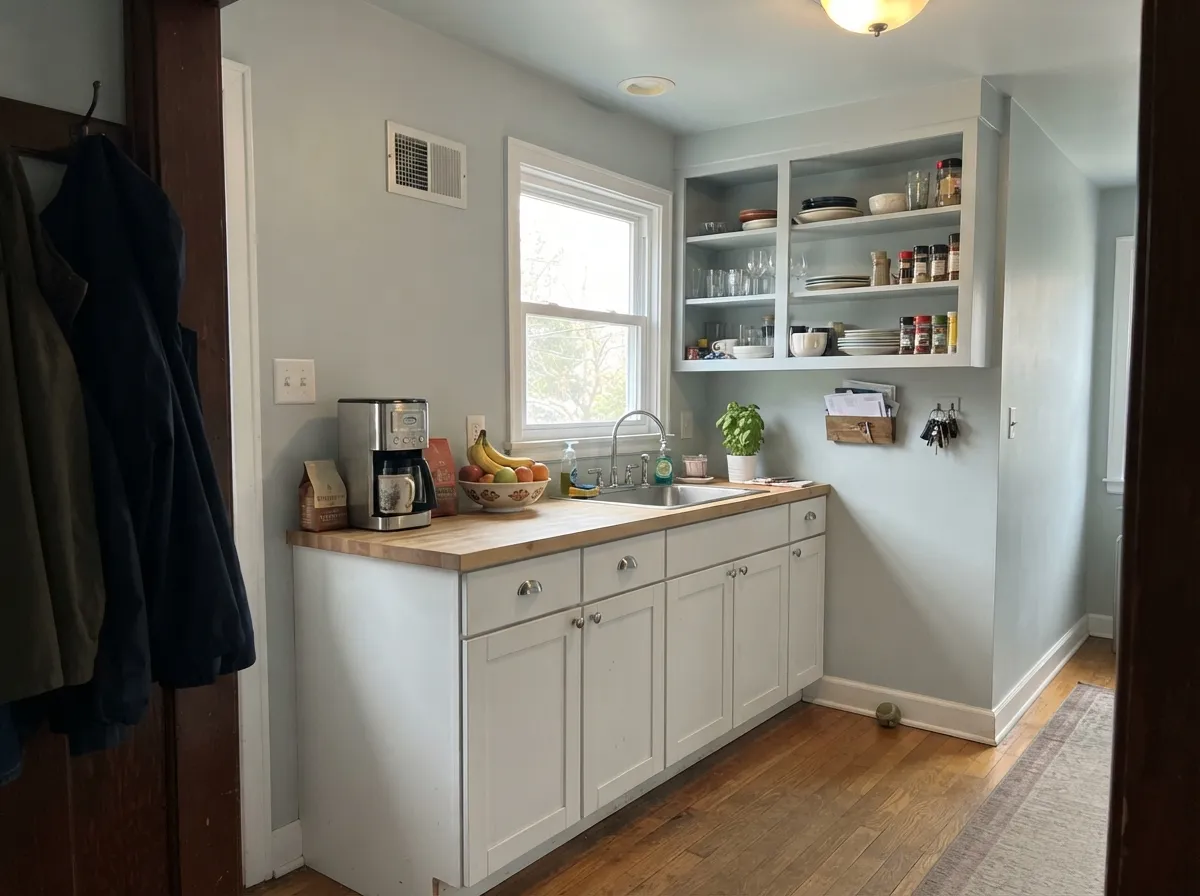 Ceiling and walls in the same Misty, chrome fixtures, a small kitchen: brighter than white without the starkness.