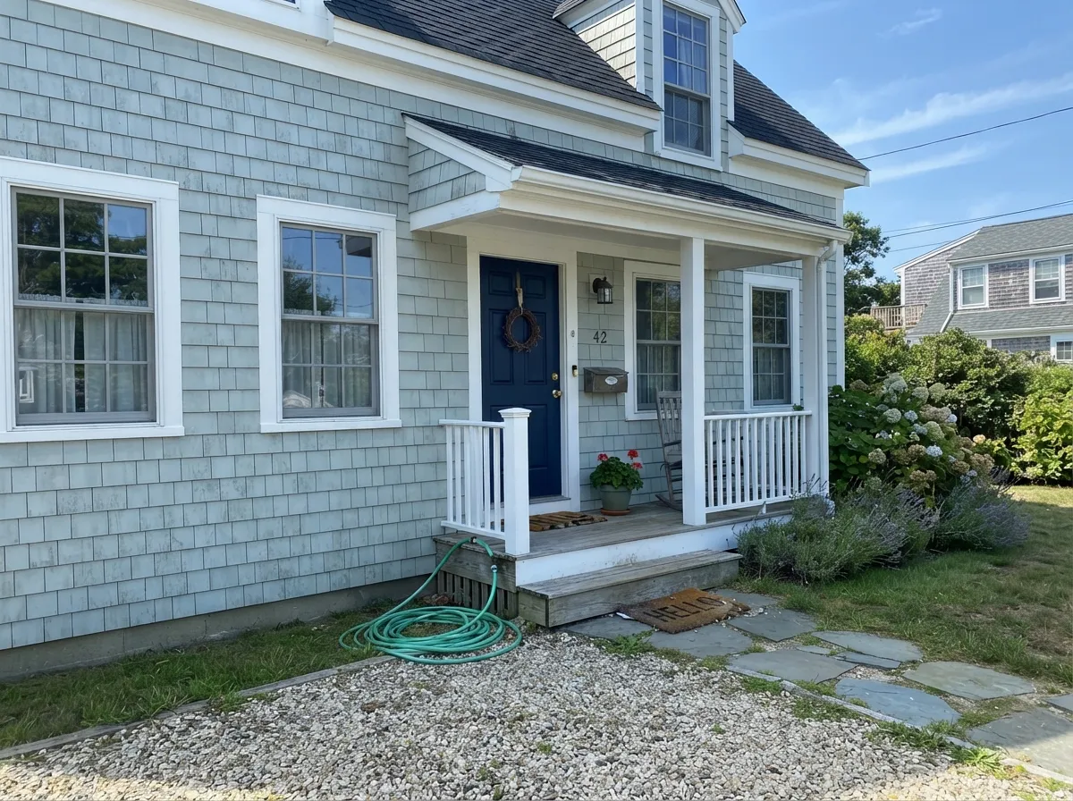 Cape Cod siding with white trim and a navy door — the color's other best home, and the one forums recommend it for most.