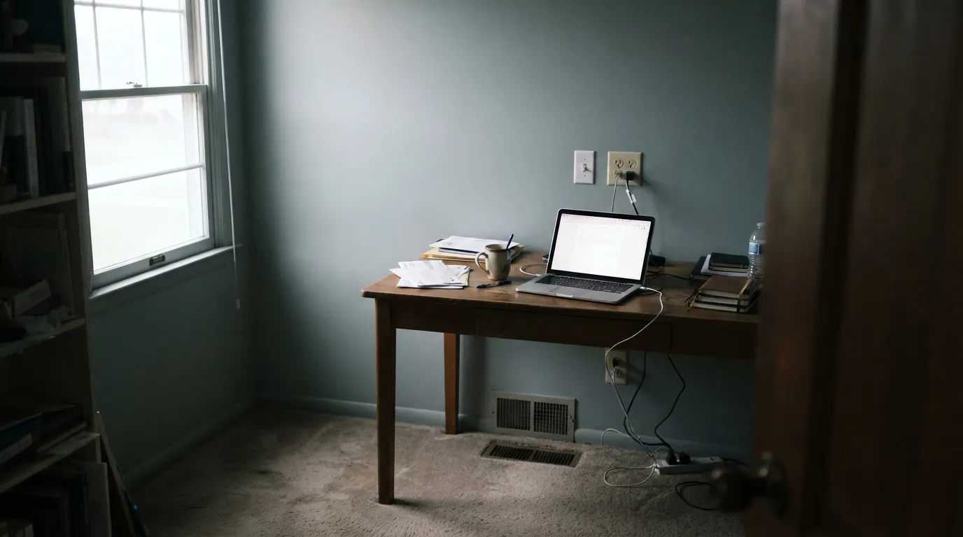 The honest shot: a dim north-facing room with no lamps on. The blue-green drains out and Misty goes flat, chilly gray — the light this color was never built for.