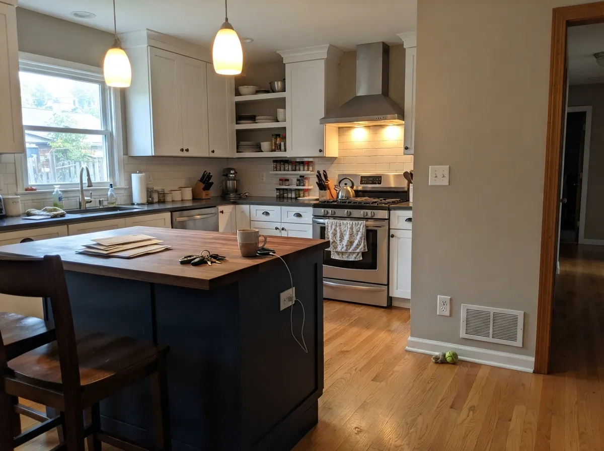 Behind white cabinets and a dark island it does exactly its job: a calm, warm backdrop that never competes for attention.