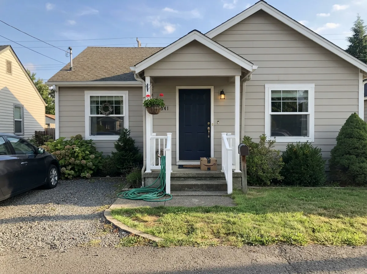 On an exterior with white trim and a navy door — one of the most common modern-farmhouse repaint formulas, and an honest reason why.