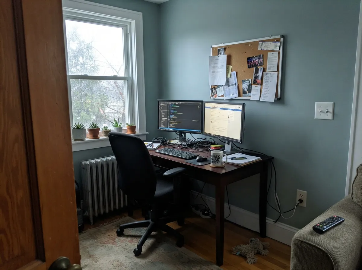 In a daylight-fed office it stays a genuine, quiet blue-green — cool enough to feel calm, never flat.