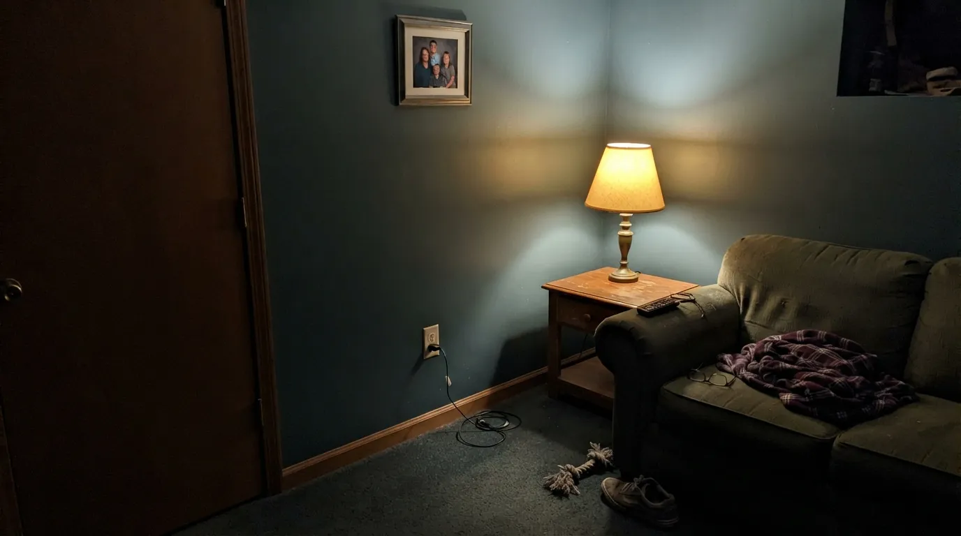 The honest shot: no daylight, just one warm lamp — the blue-green drains out and leaves a flat, sleepy gray-green behind. This is the room this color cannot survive.