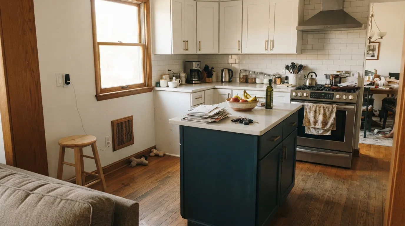 Moscow Midnight carrying a kitchen island against white perimeter cabinets and brass hardware — the combination it shows up in most.