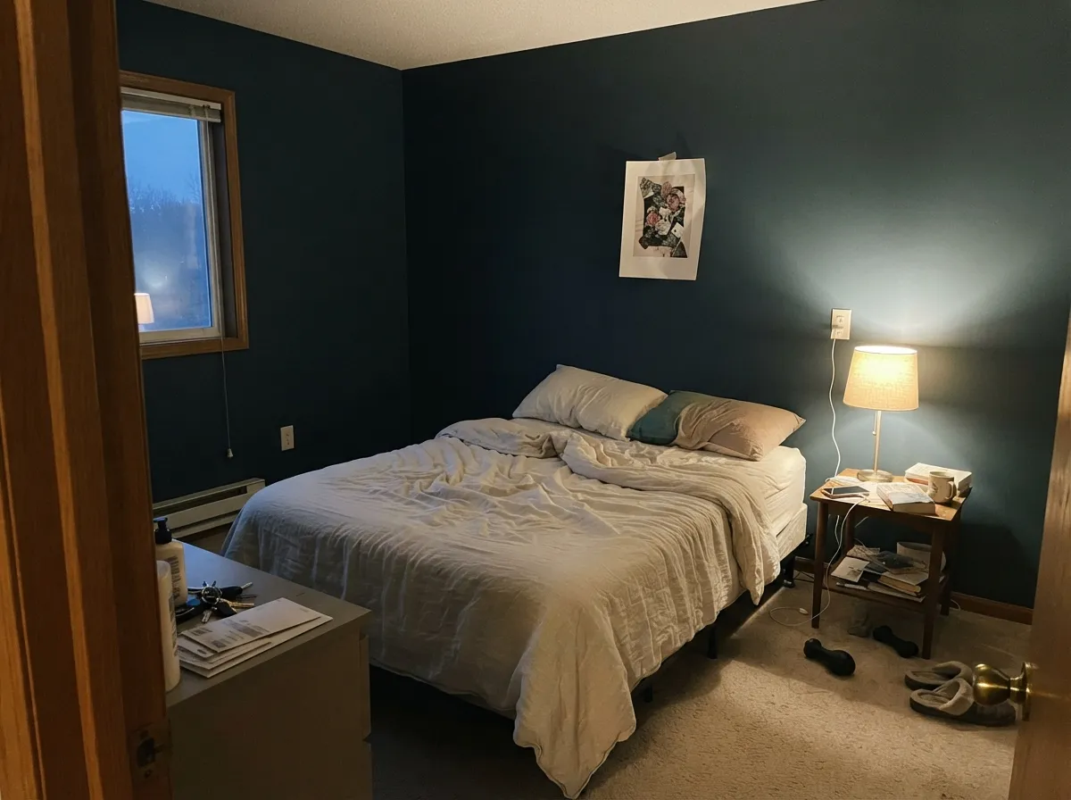 One wall, warm lamplight, bright bedding on the rest of the room — the way to get the mood without the cave effect.