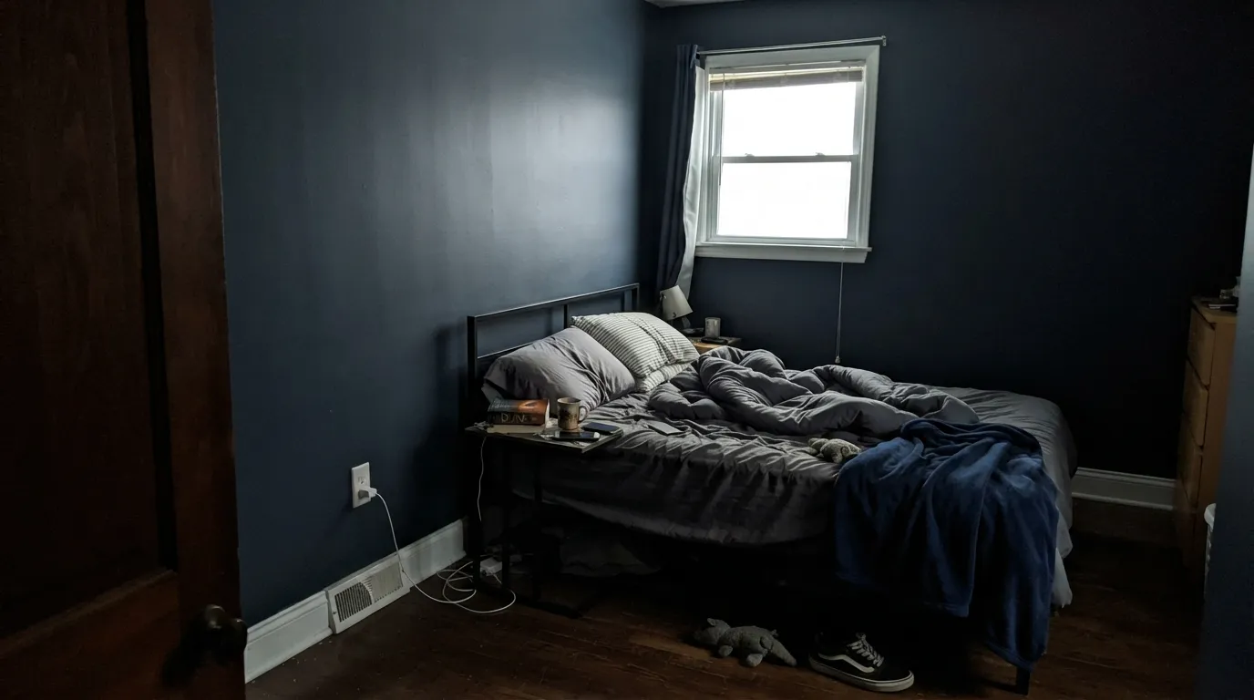 The honest shot: four walls, small room, no lamps. The teal disappears completely and it just reads as a dark, heavy box.