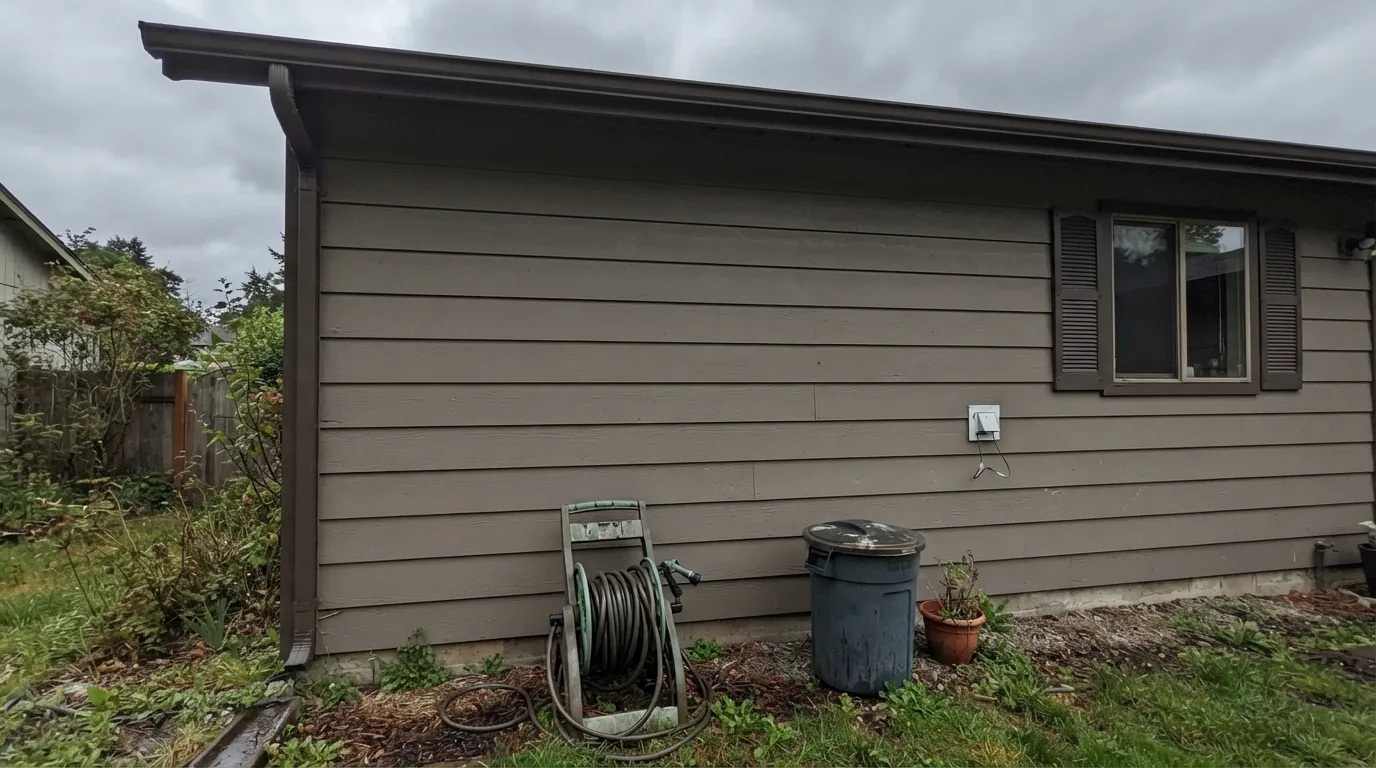 The honest shot: dark trim on a north wall in flat light collapses Moth Wing into one heavy, muddy mass — the exact mismatch a color consultant flagged on a real renovation thread.
