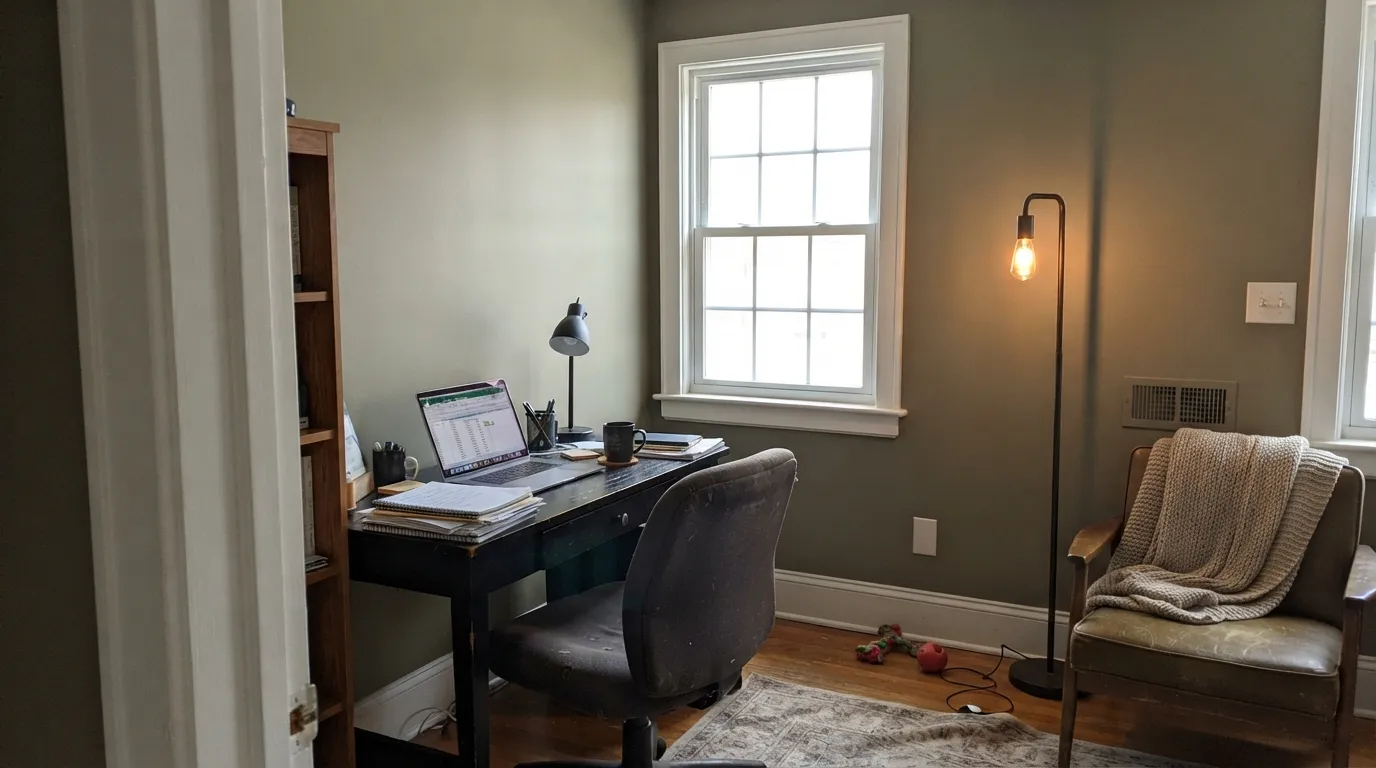 Mountain Road in the room it was built for — real daylight pulls the olive-khaki forward and the walls read grounded, not gray.