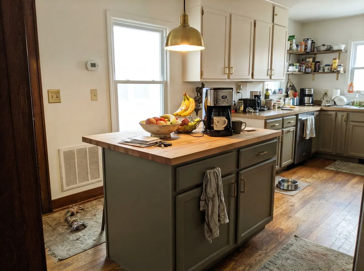 The two-tone move: pale uppers keep the kitchen bright while Mountain Road grounds the island without going cold.