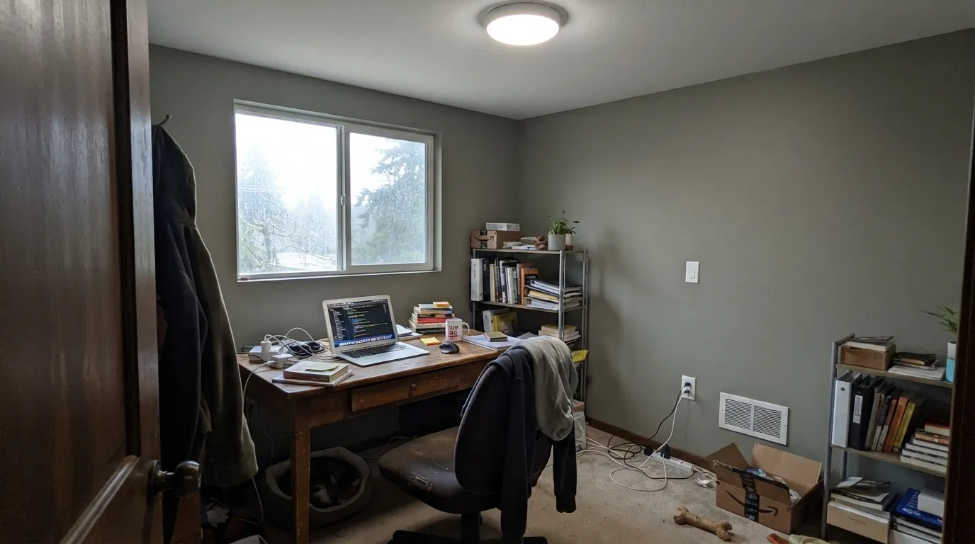 The honest shot: cool light with no lamps strips the olive out and leaves a flat, muddy gray — the exact situation behind most letdown stories.