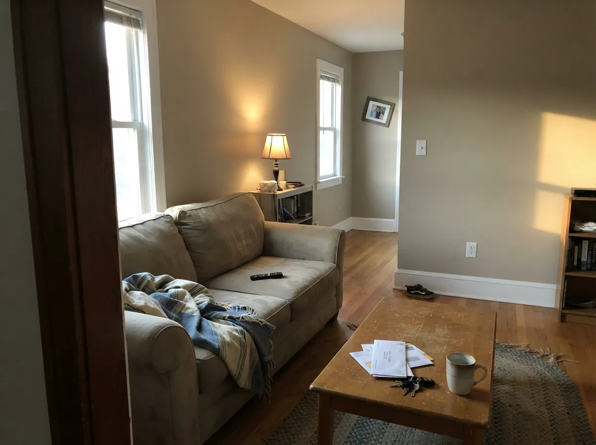 In warm afternoon light the beige steps forward and the wall reads like a proper taupe, not the pale in-between it looks like at noon.
