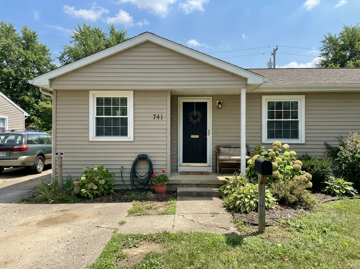 As an exterior body color, full sun reads it noticeably paler than the interior chip — a soft taupe alternative to a flat gray siding job.